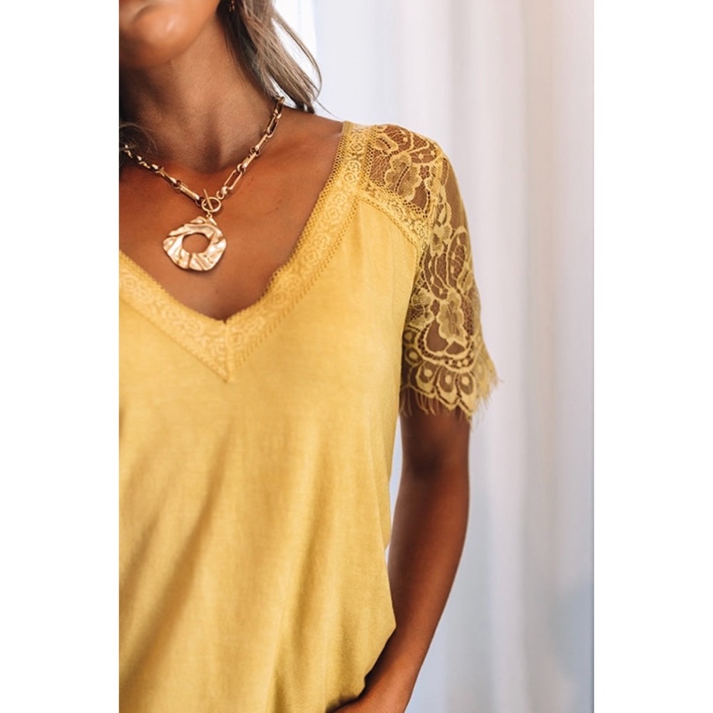 POL Golden Yellow V Neck Lace Sleeve Rayon Jersey Tee - Picture 3 of 7